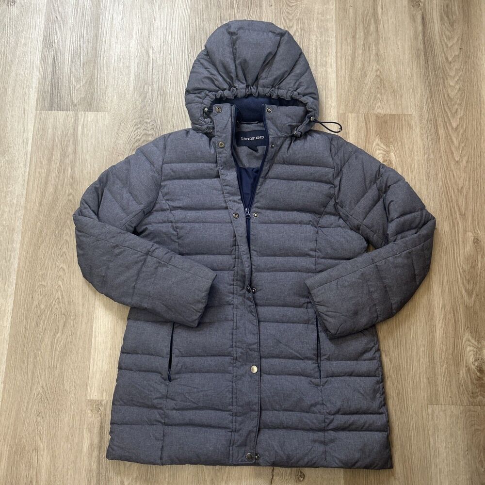 Lands End Puffer Jacket Womens Medium Gray Goose Down Insulated Hooded Coat
